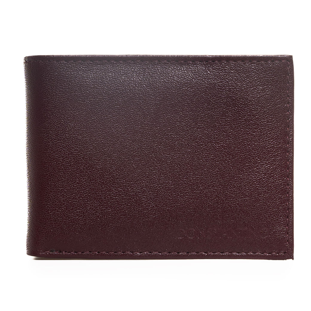 Carteira masculina casual Constantino na cor vinho feita em couro, vista frontal fechada com textura lisa e costura visível